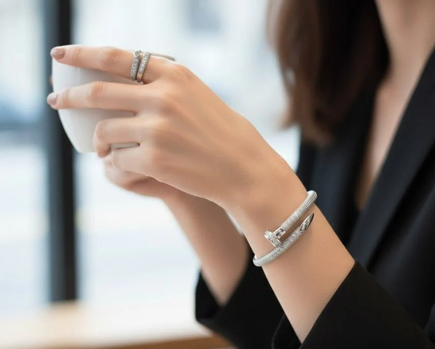 Luxury Nail-Style Sparkle Bangle Set – Crystal Bangle & Matching Ring Jewelry Set | Saudi Arabia