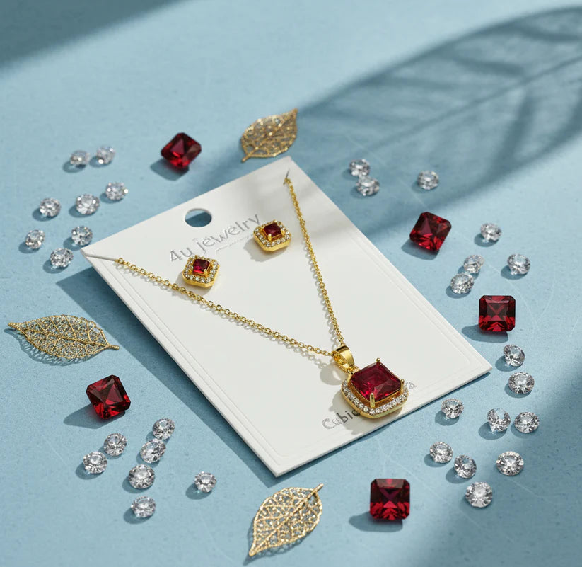 Red Square Cubic Zirconia Jewelry Set – Necklace & Matching Earrings | Saudi Arabia