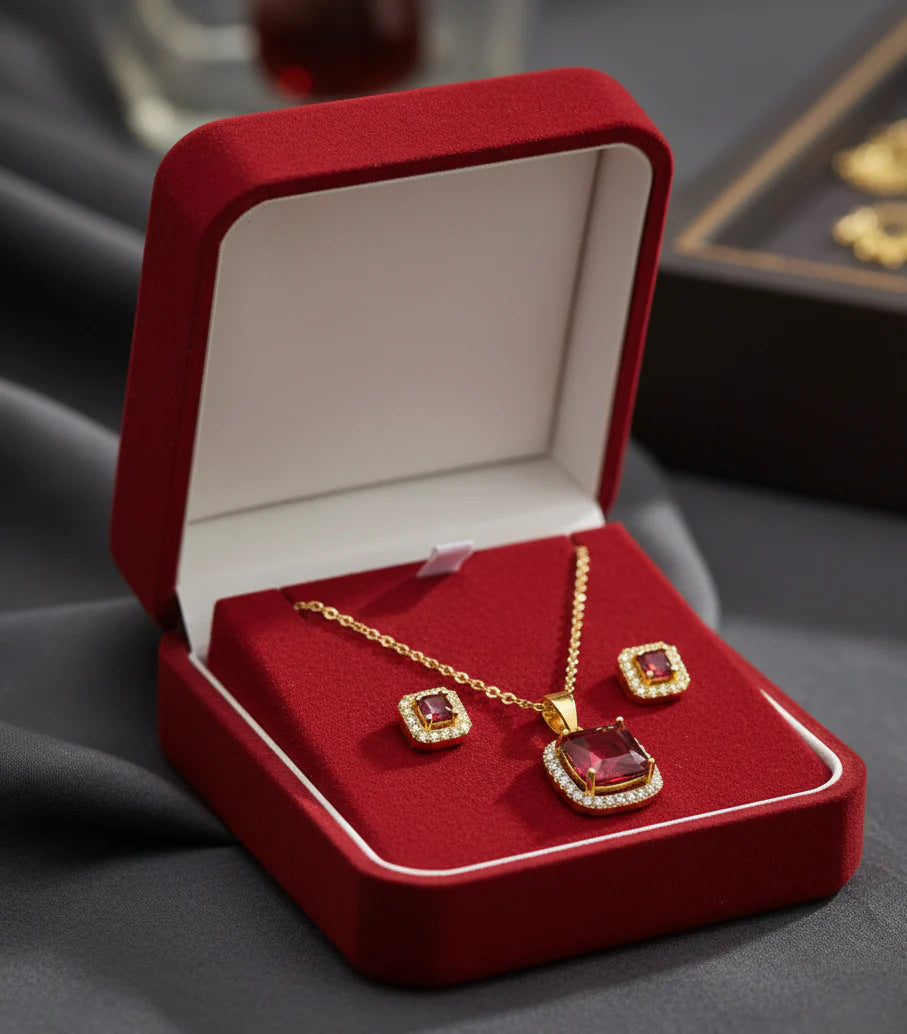 Red Square Cubic Zirconia Jewelry Set – Necklace & Matching Earrings | Saudi Arabia