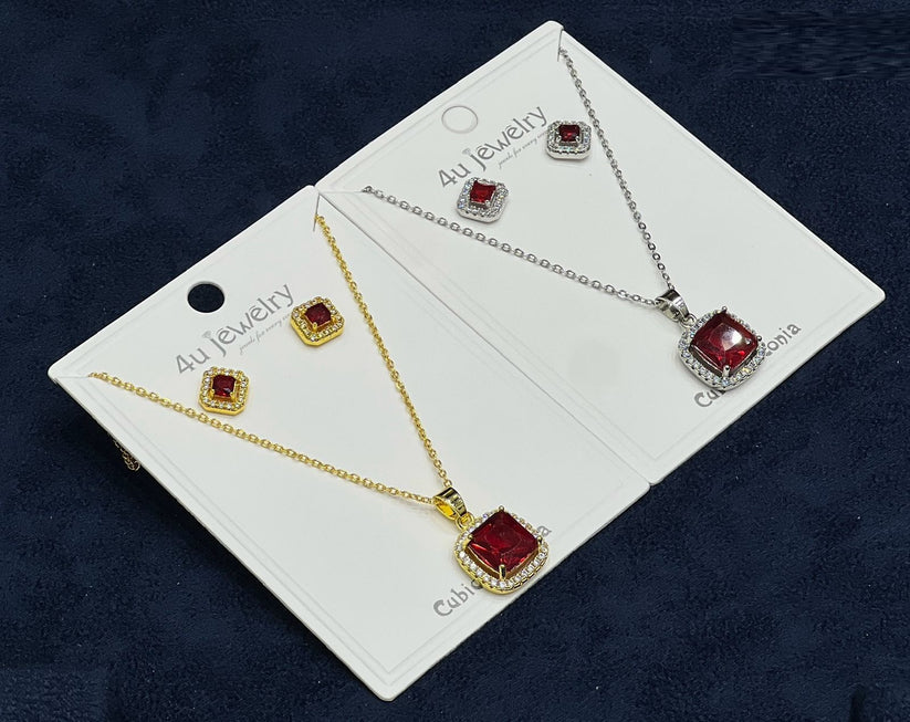 Red Square Cubic Zirconia Jewelry Set – Necklace & Matching Earrings | Saudi Arabia