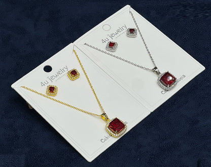 Red Square Cubic Zirconia Jewelry Set – Necklace & Matching Earrings | Saudi Arabia