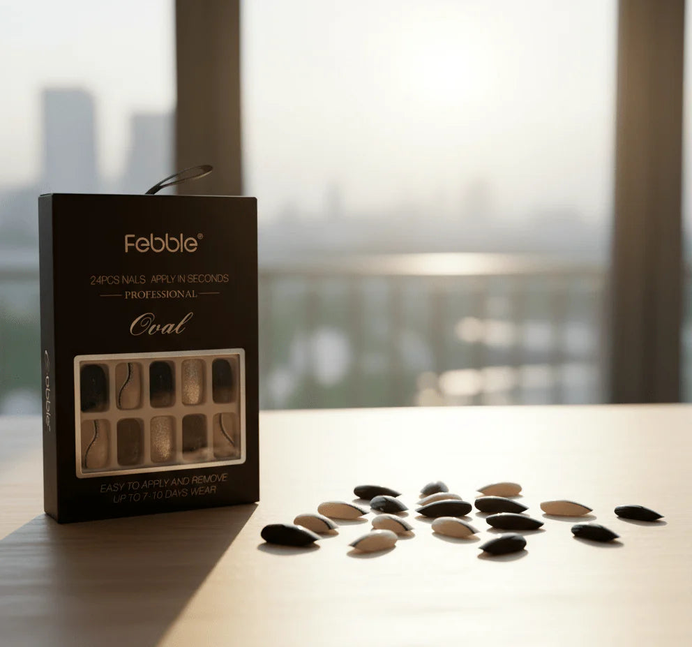 Febble Elegant Black Nude Oval Press-On Nails – 24-Piece Glitter & Wave Design