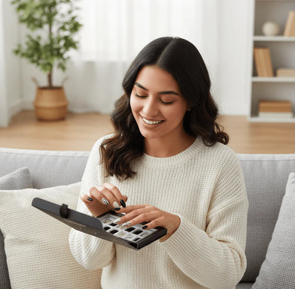 Febble Elegant Black Nude Oval Press-On Nails – 24-Piece Glitter & Wave Design