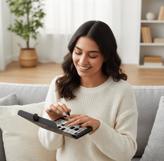 Febble Elegant Black Nude Oval Press-On Nails – 24-Piece Glitter & Wave Design