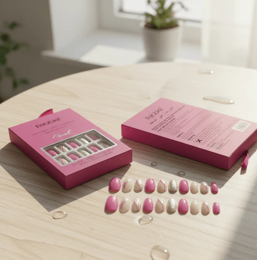 Febble Hot Pink & Silver Sparkle Press-On Nails – Oval Glitter Luxury False Nails Set (24 Pieces)