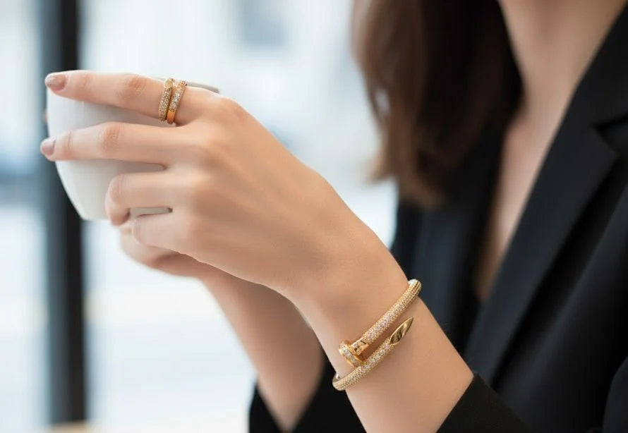 Luxury Nail-Style Sparkle Bangle Set – Crystal Bangle & Matching Ring Jewelry Set | Saudi Arabia