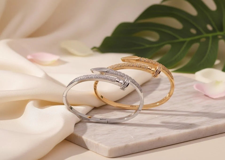 Luxury Nail-Style Sparkle Bangle Set – Crystal Bangle & Matching Ring Jewelry Set | Saudi Arabia