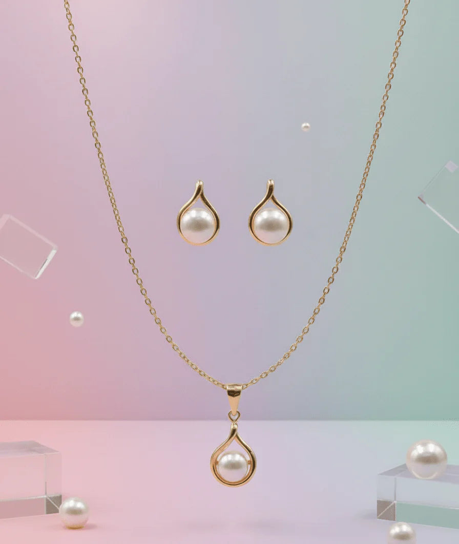 Pearl Drop Gold Pendant Set – Elegant Necklace & Stud Earrings Jewelry Set | Saudi Arabia