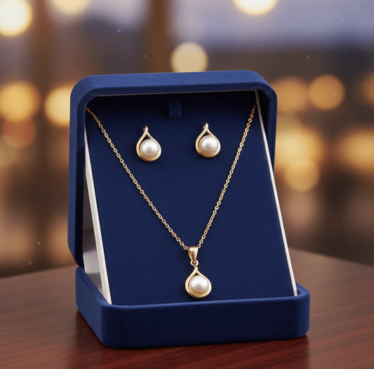 Pearl Drop Gold Pendant Set – Elegant Necklace & Stud Earrings Jewelry Set | Saudi Arabia