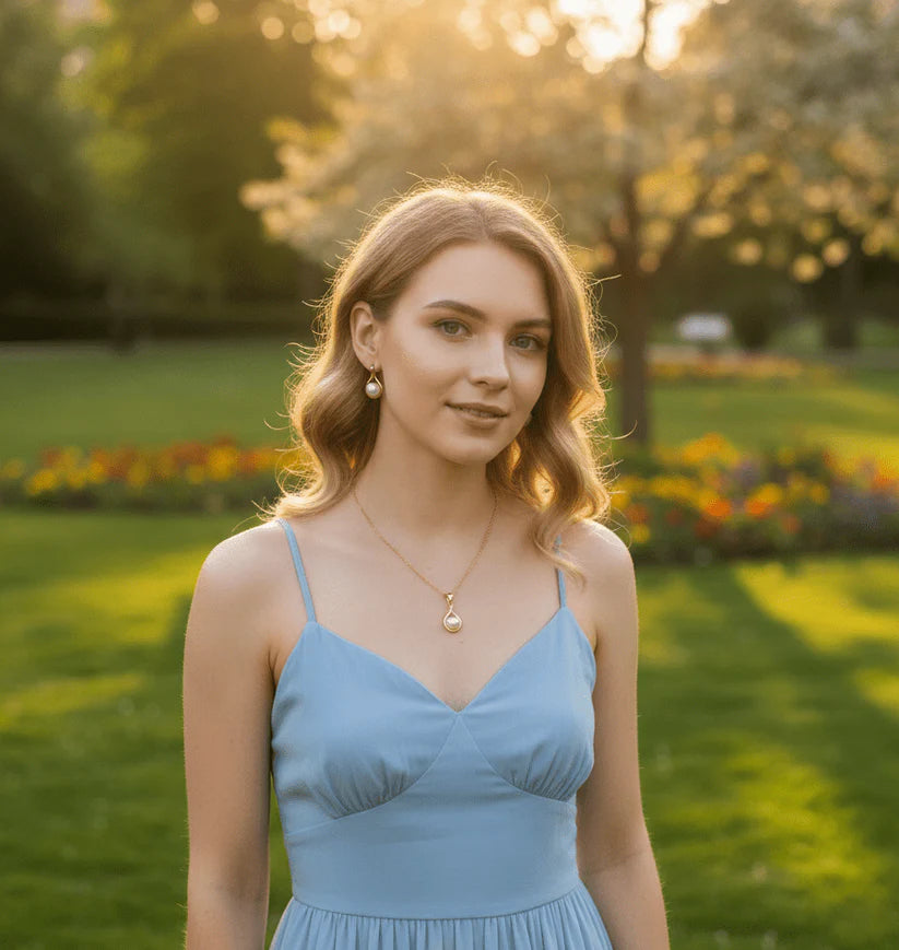 Pearl Drop Gold Pendant Set – Elegant Necklace & Stud Earrings Jewelry Set | Saudi Arabia